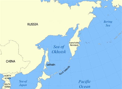Vụ việc mới nhấtxảy ra trên biển Okhotsk ở phía bắc Thái Bình Dương, giữa đảo Sakhalin và quần đảo Kamchatka của vùng viễn đông Nga. Đồ họa: wikipedia