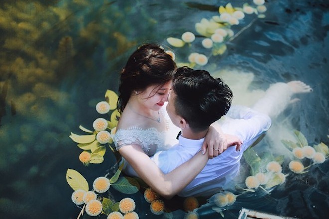 Ảnh cưới dưới nước tại Tràng An của cặp đôi Hà Thành