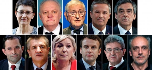 A combination picture shows candidates for the French 2017 presidential election, 1st row L-R : Nathalie Arthaud, Frances extreme-left Lutte Ouvriere political party (LO) leader, Francois Asselineau, UPR candidate, Jacques Cheminade, Nicolas Dupont-Aignan, Debout La France group candidate, Francois Fillon, the Republicans political party candidate, 2nd row L-R : Benoit Hamon, French Socialist party candidate, Jean Lassalle, Marine Le Pen, French National Front (FN) political party leader, Emmanuel Macron, head of the political movement En Marche ! (or Onwards !), Jean-Luc Melenchon, candidate of the French far-left Parti de Gauche, Philippe Poutou, Anti-Capitalist Party (NPA) presidential candidate, after the official announcement in Paris, France. France goes to the polls on Sunday April 23, 2017 in the first round of its presidential election