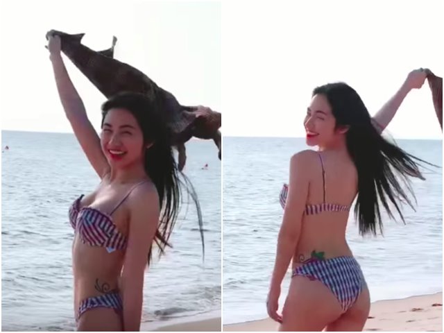 Diện bikini dây mảnh, Hòa Minzy lộ hình xăm hông cá tính