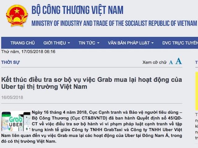 Bộ Công thương: Vụ Grab thâu tóm Uber vi phạm Luật Cạnh tranh