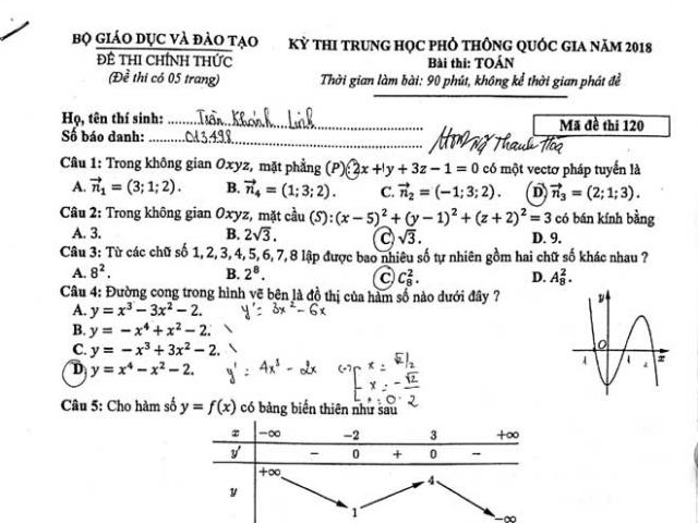 Gợi ý làm bài thi THPT Quốc gia 2018 môn Toán