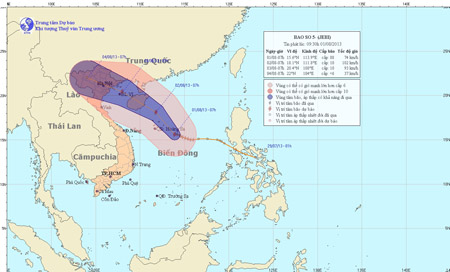 Dự báo đường đi của bão số 5 (Trung tâm Dự báo KTTVTW)