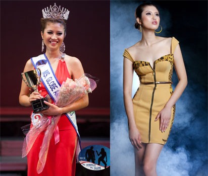 Nia Nhi Tran phút đăng quang Miss Globe Mỹ 2013 và trong một thiết kế của Vũ Thu Phương