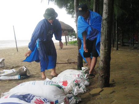 Người dân xã Hoằng Trường, huyện Hoằng Hóa (Thanh Hóa) chuẩn bị phương án chống bão số 6.