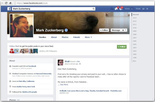 Chuyên gia công nghệ đăng thông tin lên Timeline của Mark Zuckerberg để chứng minh lỗ hổng.