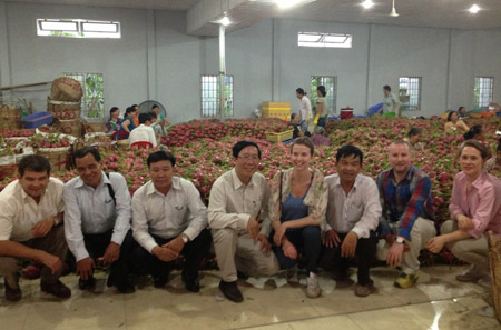 Ông An (thứ 3 từ trái) và đoàn khách nước ngoài tham quan xưởng chế biến của HTX Thanh long Tầm Vu.