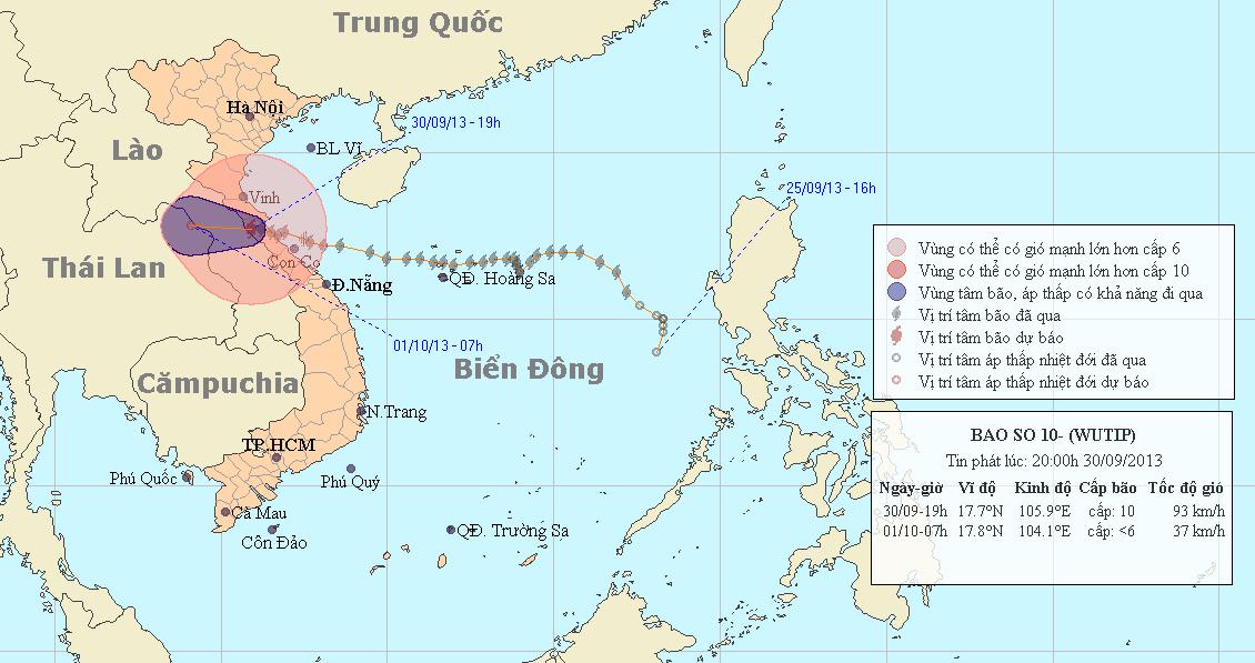 Dự báo đường đi của bão số 10 (Trung tâm Dự báo KTTVTW)