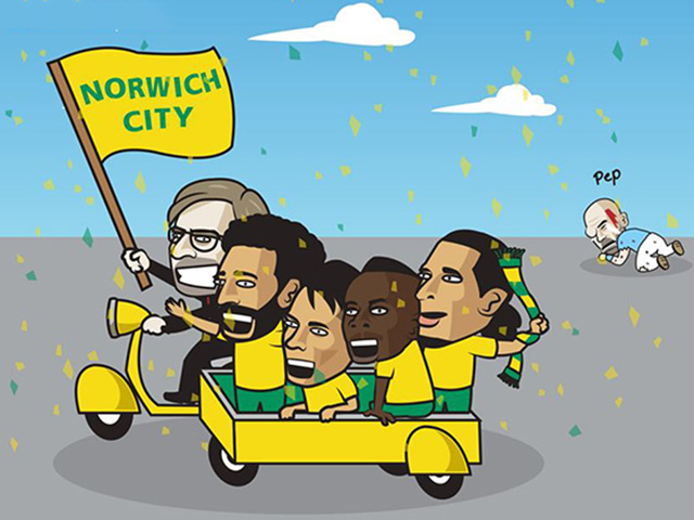Ảnh chế: Liverpool cổ vũ Norwich, ”hả hê” khi Man City ngã ngựa