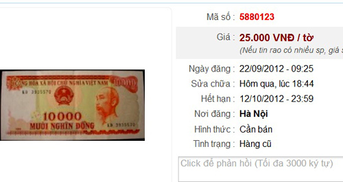 Thông tin rao vặt tiền cotton mệnh giá 10.000 đồng được khá nhiều người quan tâm. Ảnh chụp màn hình.