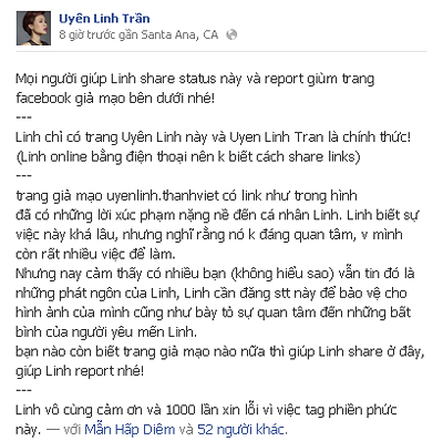 Cô kêu gọi bạn bè không nên truy cập vào Facebook giả mạo.