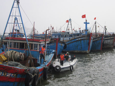 Bộ đội Biên phòng Đà Nẵng đang tích cực kêu gọi tàu thuyền  vào tránh bão tại Âu thuyện Thọ Quang. 