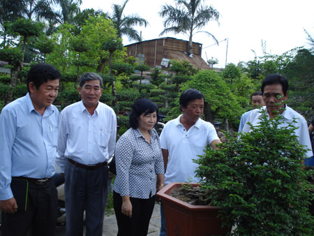 PCT Nguyễn Hồng Lý thăm mô hình kiểng bonsai của ND SXKD giỏi  Nguyễn Thanh Nhơn ở ấp 1, xã Xuân Thới Thượng, huyện Hóc Môn.