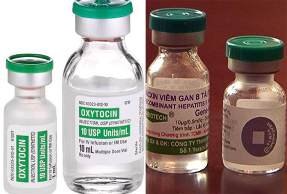 Lọ thuốc thuốc gây co tử cung Oxytocin (trái) và lọ vacxin viêm gan B