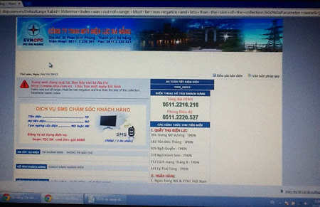 Do lượng truy cập quá nhiều Website Điện lực Đà Nẵng đã quá tải (ảnh chụp vào lúc 17 giờ 30 ngày 24.10)