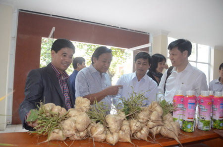 Chuyên gia Nguyễn Lân Hùng xem sản phẩm của ND Đông Triều trưng bày tại hội nghị. 