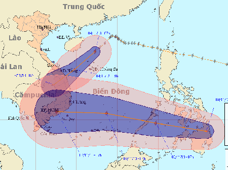 Dự báo đường đi của ATNĐ mới (Trung tâm Dự báo KTTVTW)