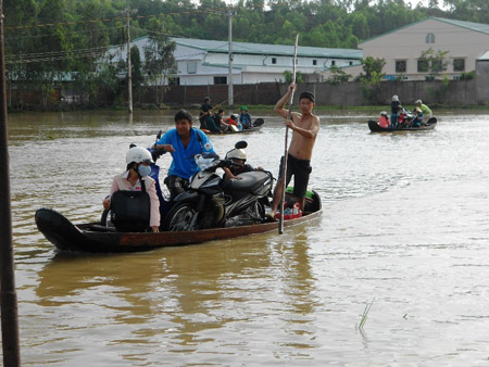 Nước lũ tràn về ngập trắng vùng khu đông huyện Tuy Phước (ảnh chụp lúc 8 giờ sáng 8.11).