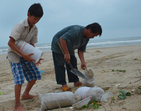 Bao cát chằng chống nhà cửa tăng lên gấp đôi, gấp ba đi trước bão biển Haiyan.