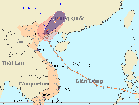 Dự báo đường đi của bão số 14 (Trung tâm Dự báo KTTVTW)