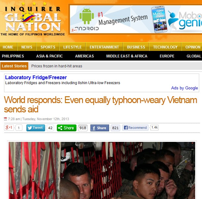 Bài báo trên Inquirer viết về nghĩa cử cao đẹp của Việt Nam và các nước.
