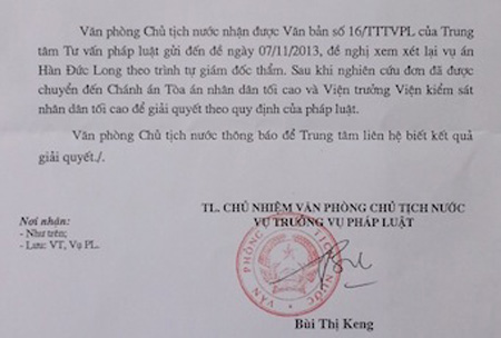 Công văn gửi đến TANDTC và VKSNDTC để làm rõ vụ án Hàn Đức Long, giết người, hiếp dâm trẻ em vào năm 2005