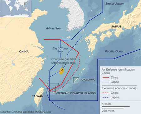 Vùng nhận diện phòng không (ADIZ)  mà Trung Quốc đơn phương áp đặt ở biển Hoa Đông. 