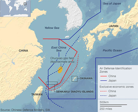 Vùng nhận diện phòng không (ADIZ) mà Trung Quốc đơn phương áp đặt ở biển Hoa Đông.