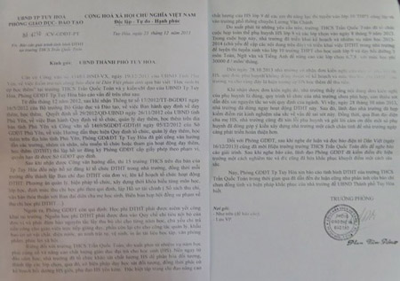 Báo cáo giải trình của Phòng GDĐT Tuy Hòa về tình hình DTHT tại Trường THCS Trần Quốc Toản