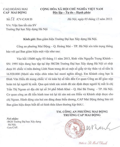Văn bản nêu gương Nguyễn Trọng Khánh của CA phường Mai Động.