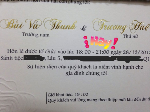 Thiệp cưới của Thanh Bùi do một người thân của cô dâu cung cấp