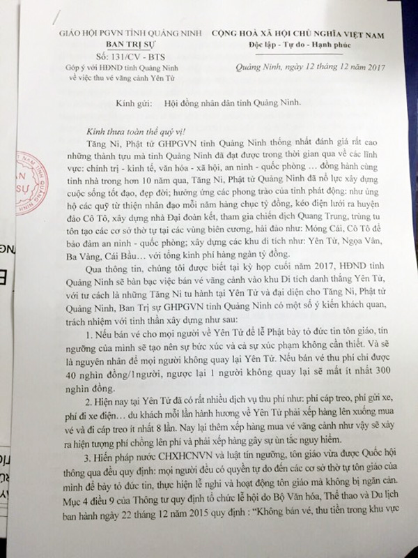 Văn bản của Giáo hội Phật giáo Việt Nam tỉnh Quảng Ninh góp ý với Hội đồng nhân dân tỉnh