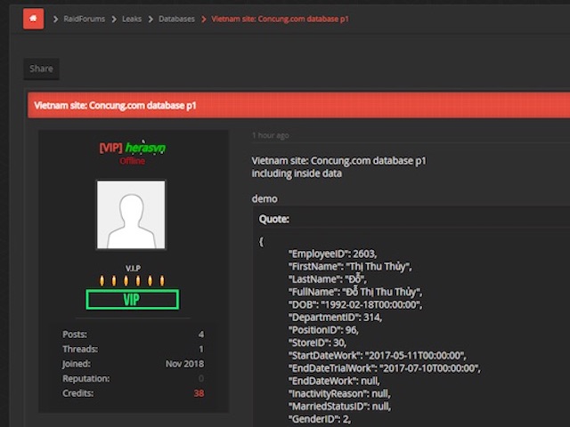 Chi tiết dữ liệu được cho là của 2.272 nhân viên Con Cưng đang phát tán trên mạng
