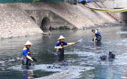 Công nhân dầm mình trong bùn nạo vét sông Tô Lịch