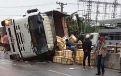 Xe tải "trèo" dải phân cách lật nhào, hàng trăm con cua bò ra đường