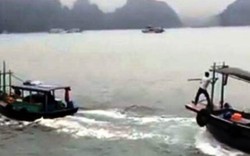 2 tàu gỗ truy đuổi nhau như  "phim hành động" trên vịnh Hạ Long