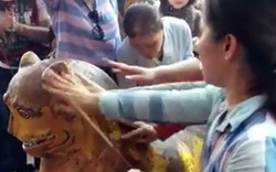 Du khách chen chân xức dầu lên tượng hổ trong ngôi chùa ở Hà Tĩnh
