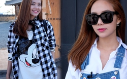 Minh Hằng mặc áo mickey, váy bò yếm trẻ trung trên phố Hàn