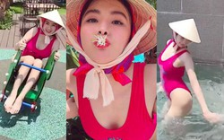 Angela Phương Trinh tung clip đội nón lá mặc bikini "quẩy tưng" ở bể bơi