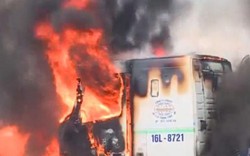 Clip: Xe container bất ngờ bốc cháy dữ dội trước cổng công ty may