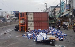 Sau tiếng nổ, container lật như phim, bia văng tứ tung