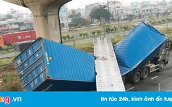 Dầm bê tông cầu bộ hành đè bẹp container ở TP.HCM