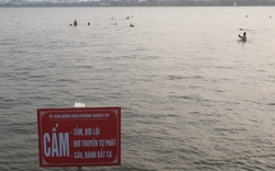Bất chấp biển cảnh báo, người dân tắm “giải nhiệt” ở hồ Tây
