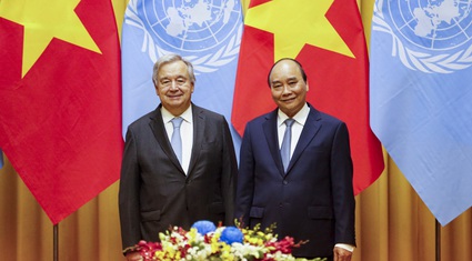 Hình ảnh Chủ tịch nước Nguyễn Xuân Phúc đón và hội đàm với Tổng thư ký Liên Hợp Quốc Antonio Guterres