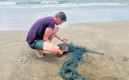 Một con động vật hoang dã ở Côn Đảo bị mắc kẹt trong lưới, du khách người Hà Lan giải cứu, thả về biển