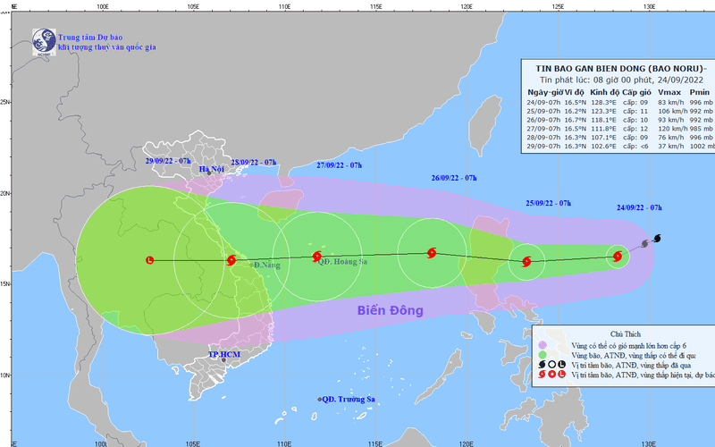 Bão Noru di chuyển rất nhanh, đang hướng về các tỉnh miền Trung, sóng biển cao 4-6m